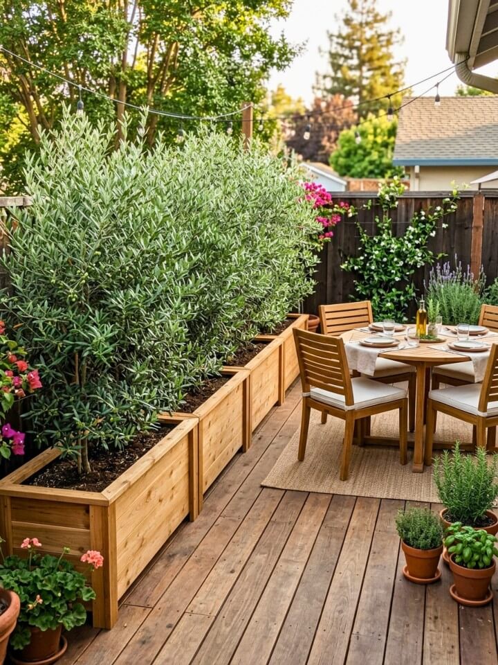 raised planter boxes with dwarf olive trees