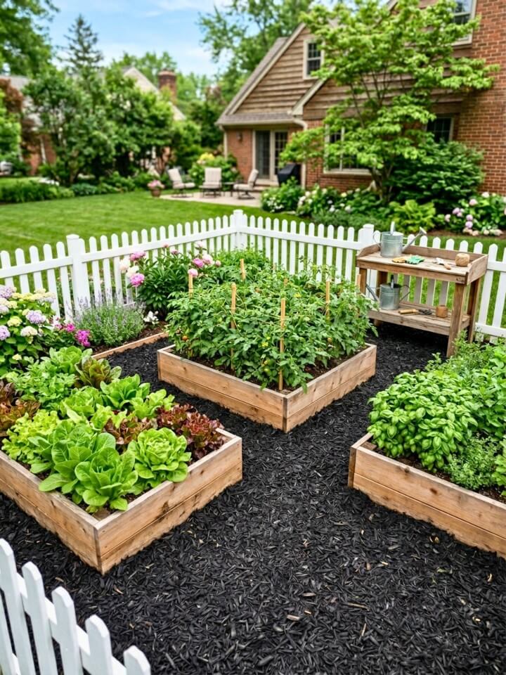 raised vegetable beds with black mulch pathways
