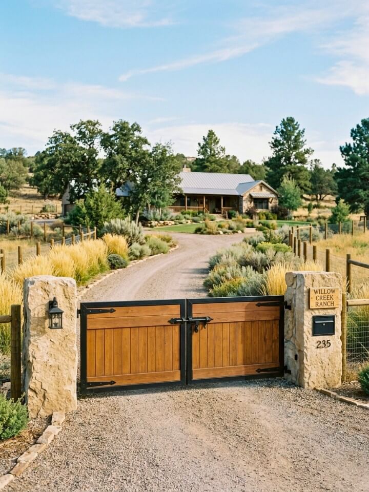 ranch gate with integrated mailbox and signage