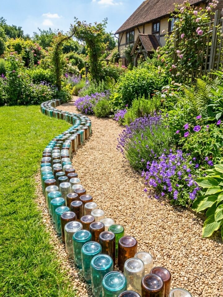 recycled glass bottle edging for creative patio borders