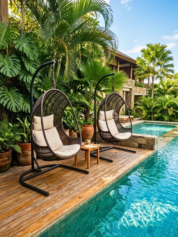 relaxing woven hanging chairs for a poolside nook