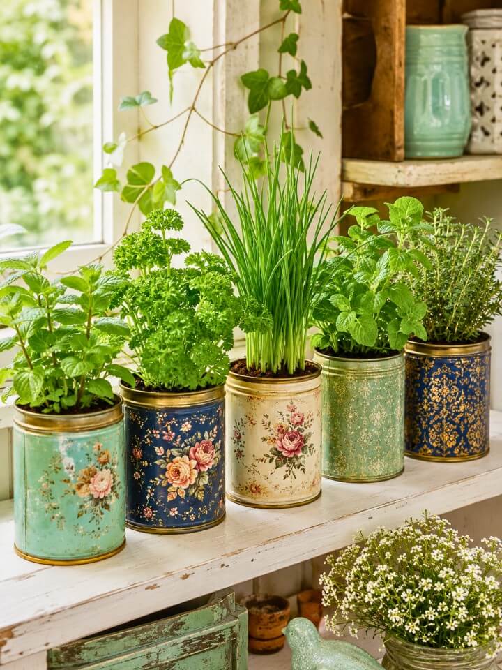 repurpose empty tea tins into small herb containers