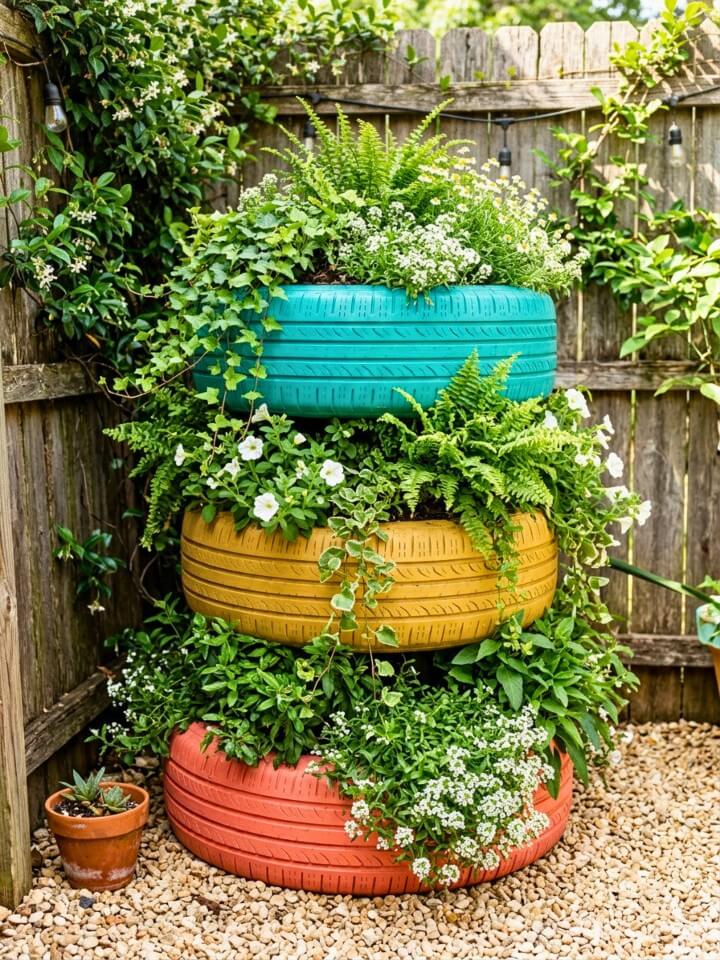 repurposed tire planters for creative outdoor spaces