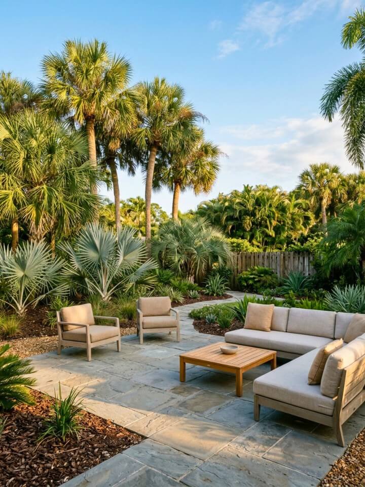 resort style backyard with drought tolerant palms