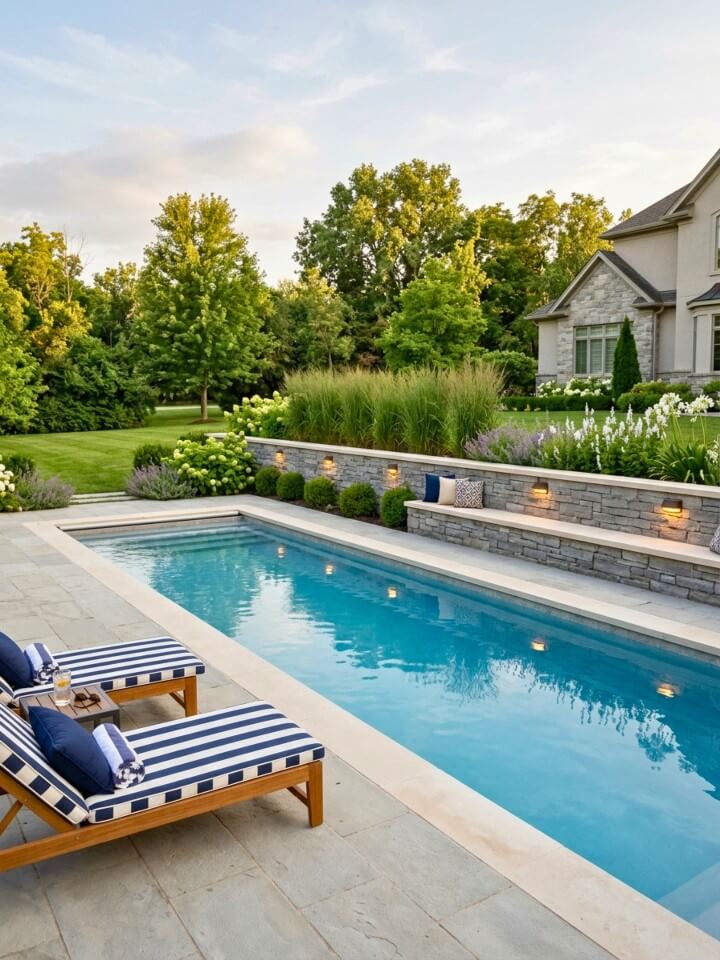 retaining wall with built in poolside seating