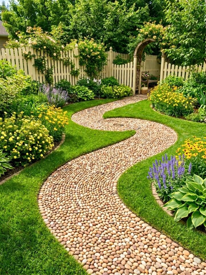 river pebble spiral trail in relaxing gardens
