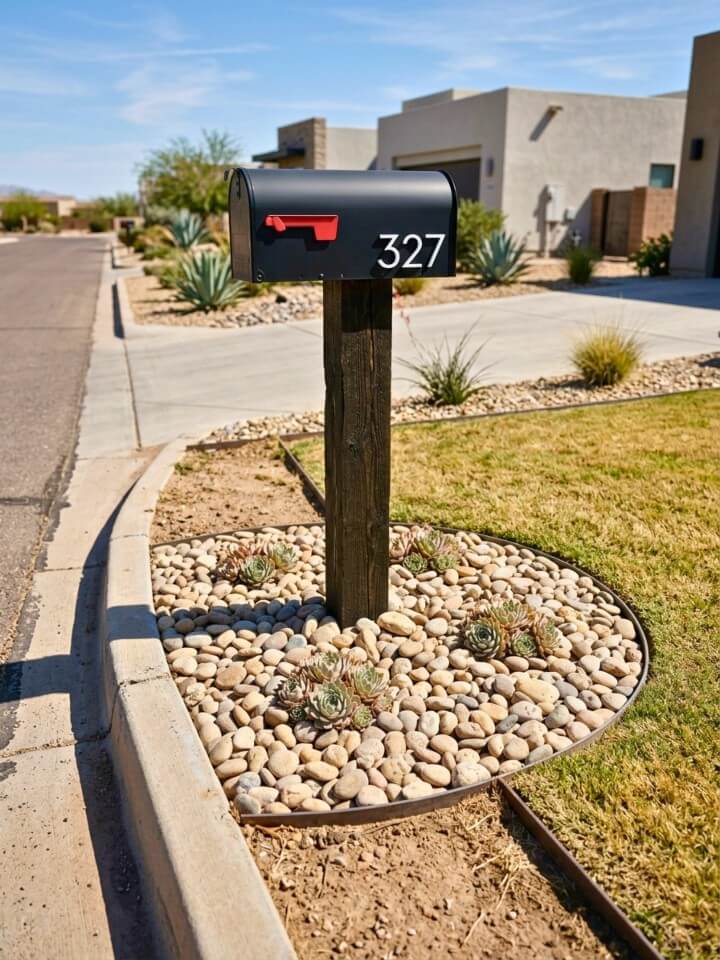 river rock and succulent mailbox bed