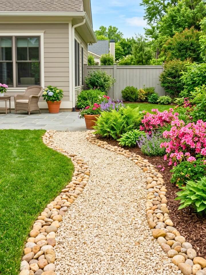 river rock border path defining garden edges