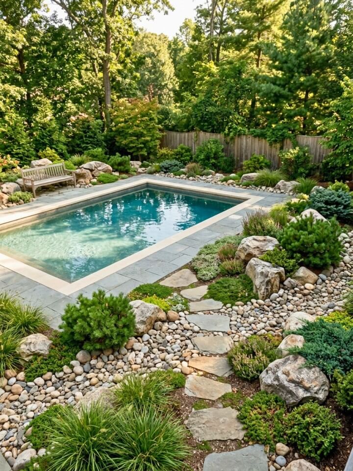 rock garden ideas around a rectangular pool