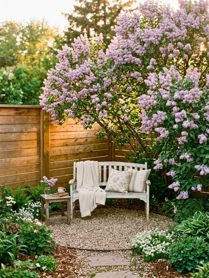 romantic backyard corner with spring blooms