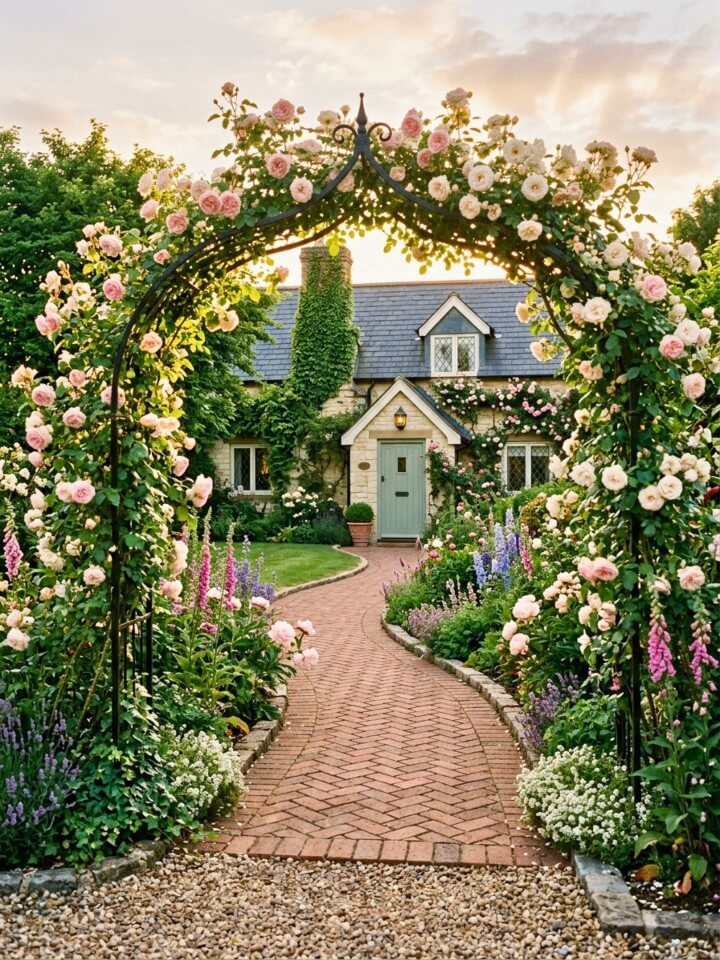 romantic climbing roses over an arched driveway entry