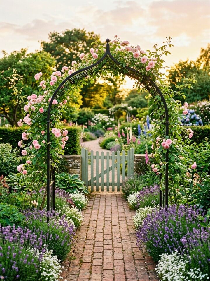 romantic garden arch at a beautiful landscape entrance