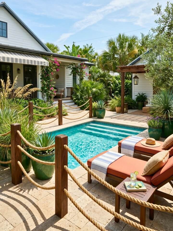 rope and post fence for a nautical backyard look