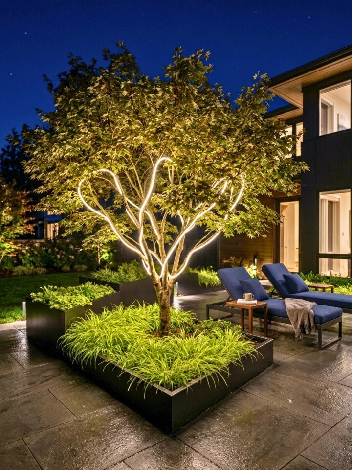 rope lights along branch lines for subtle glow