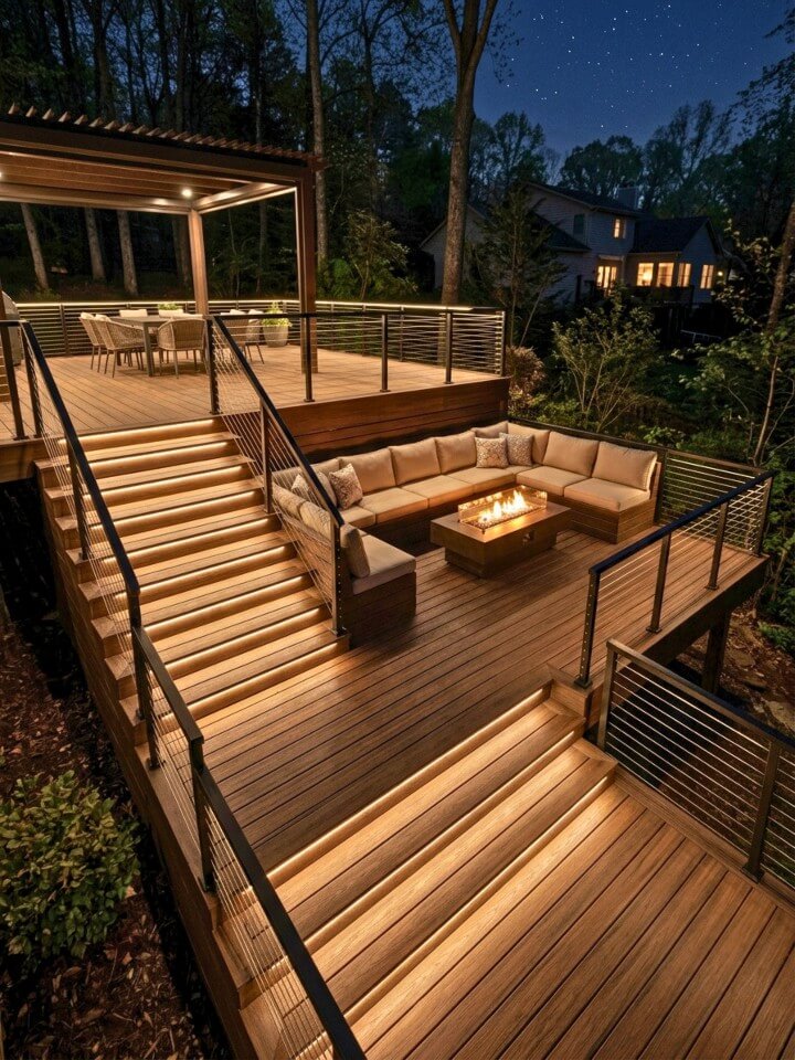 rope lights lining steps for a cozy glow