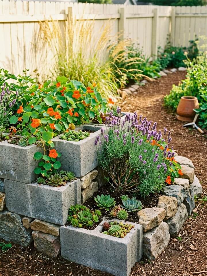 rustic block and stone combination raised bed