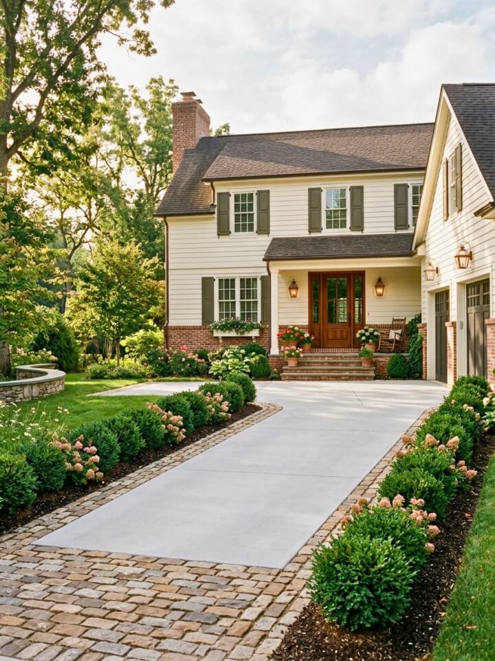rustic cobblestone edging with shrubs