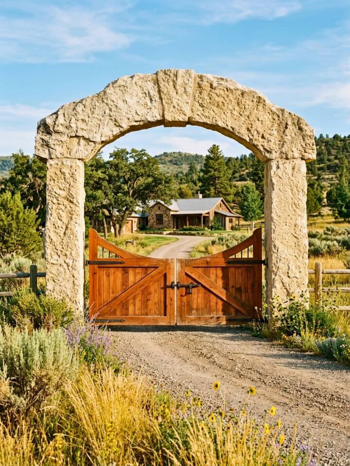rustic gate set under a stone archway