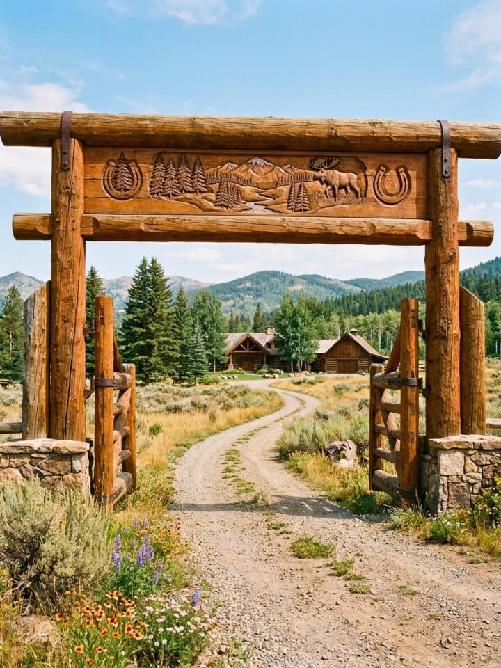 rustic log ranch gate with carved accents