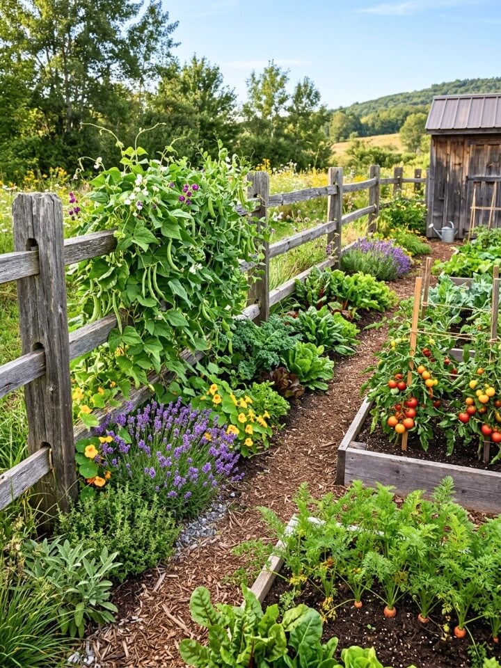 rustic split rail fence with climbing vines