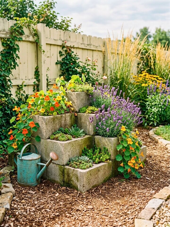 rustic staggered cinder block planting area for organic charm
