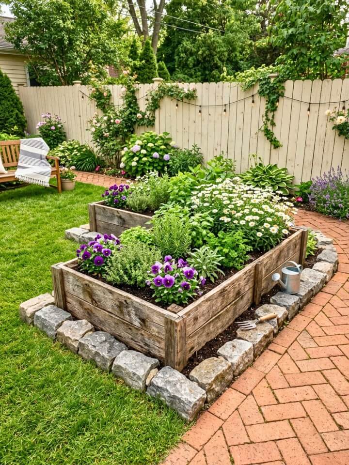 rustic stone accented pallet planter box