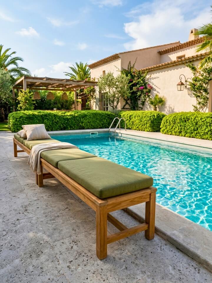rustic teak bench seating by the pool