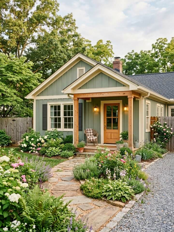 sage green board and batten for a natural home exterior