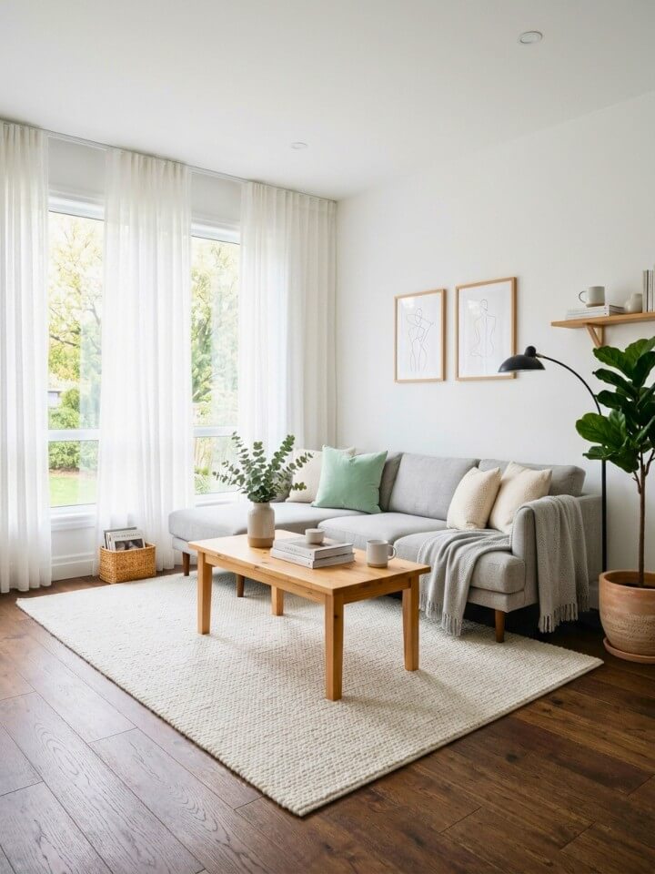 scandinavian simplicity with dark wood floors