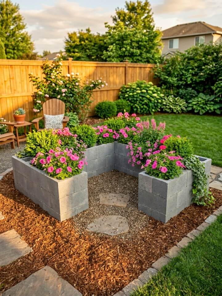 semi enclosed privacy planter area using cinder blocks