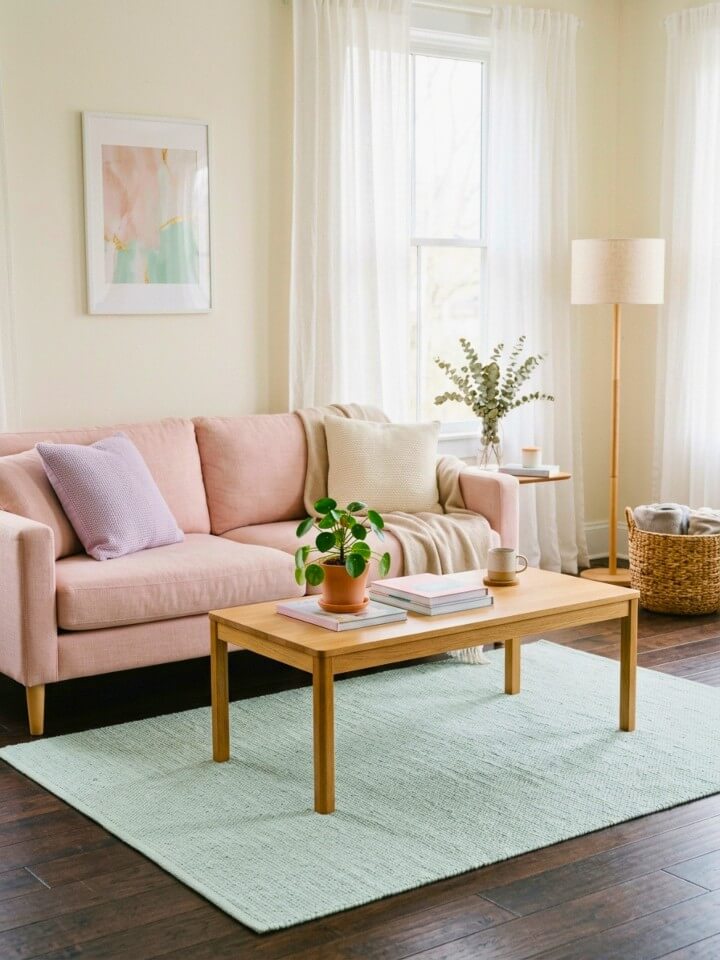 serene pastel retreat living room on dark brown floors