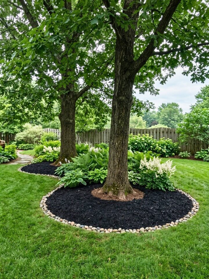 shaded backyard trees with black mulch rings