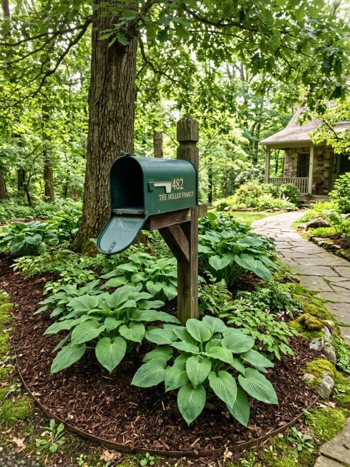 shady mailbox landscaping with hostas