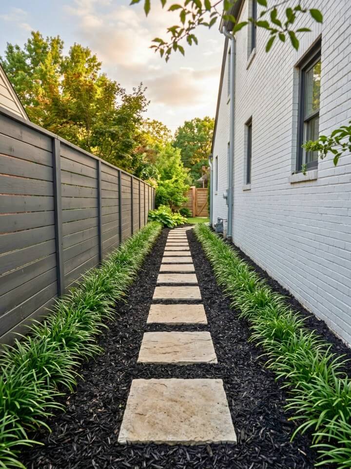 side yard pathway with black mulch and stepping stones