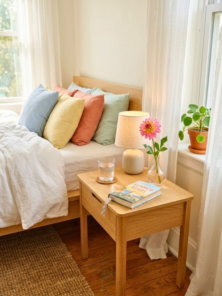 simple bedside table ideas for a calm summer bedroom