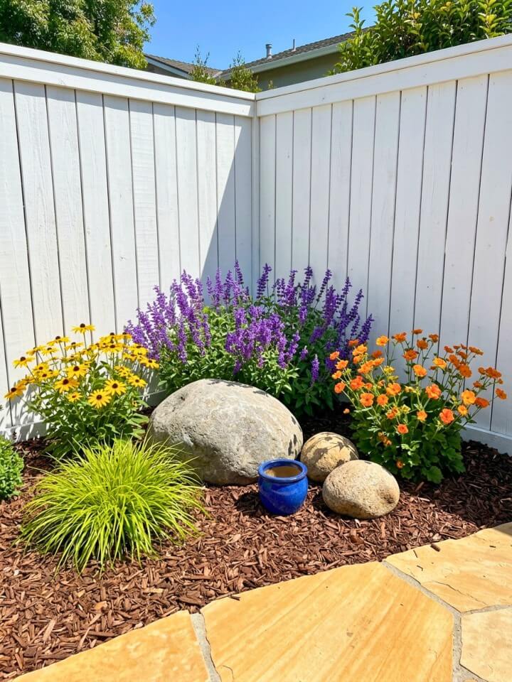 simple mulch corner bed with boulders