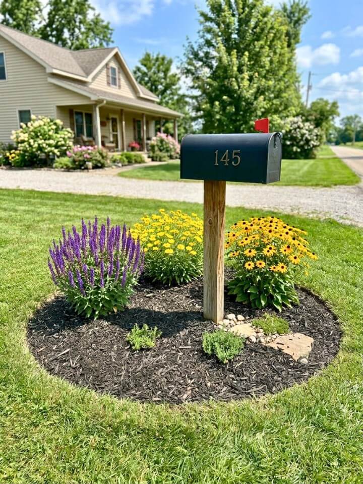 simple mulch ring mailbox garden with perennials