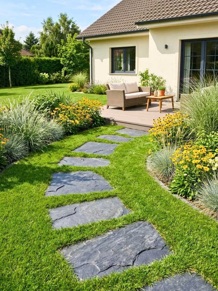 slate and grass inlay stone path in minimalist gardens