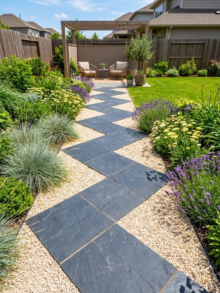 slate tile zigzag rock walkway in contemporary spaces
