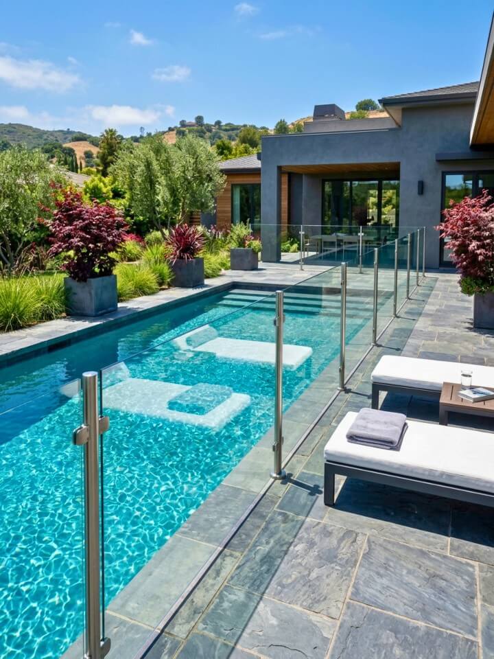 sleek glass panel pool for modern patios