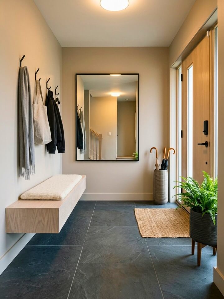 sleek slate flooring for a modern front door look