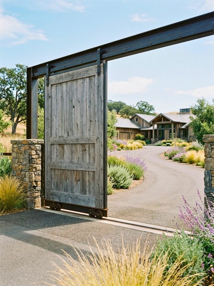 sliding barn style gate for spacious ranch entrances