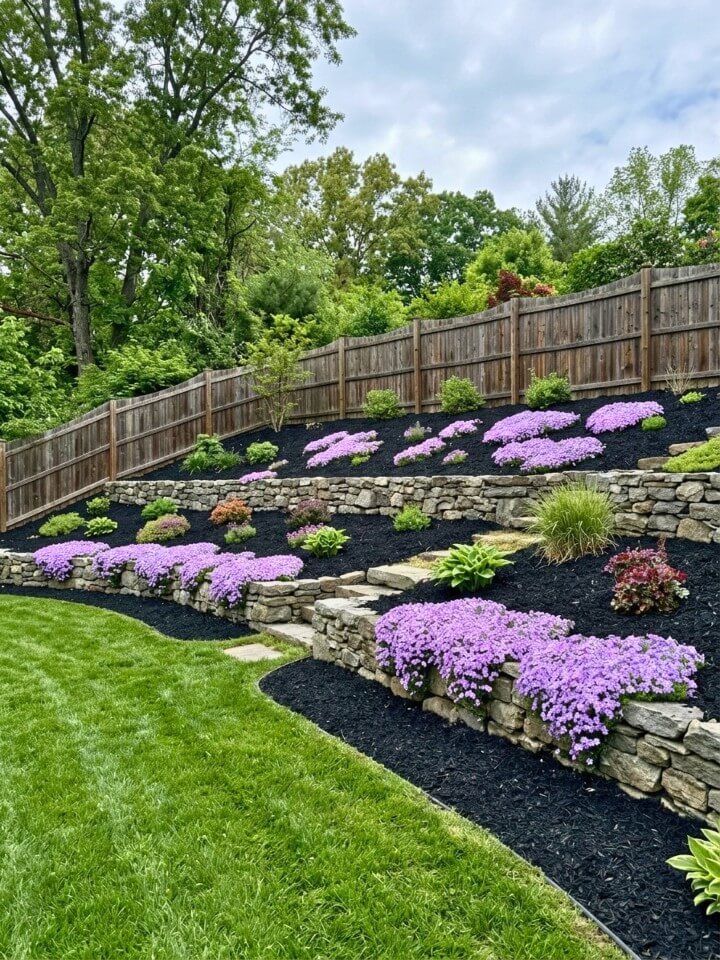 sloped yard landscaping with black mulch and creeping phlox