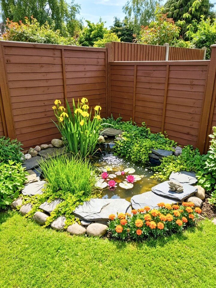 small corner pond with natural stone edging