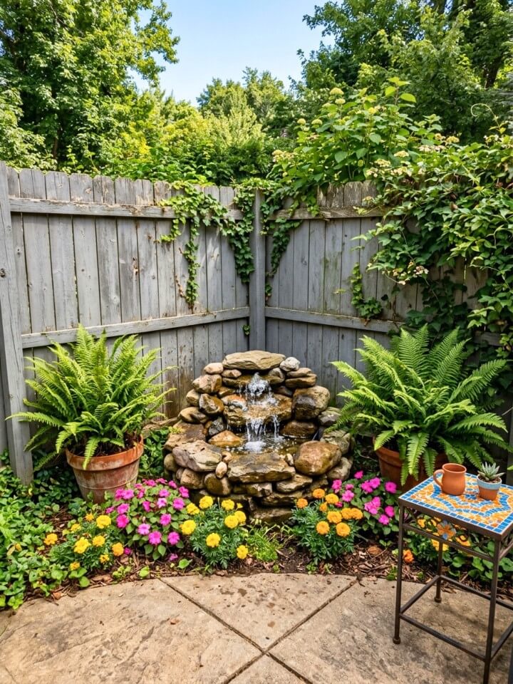 small corner water feature garden