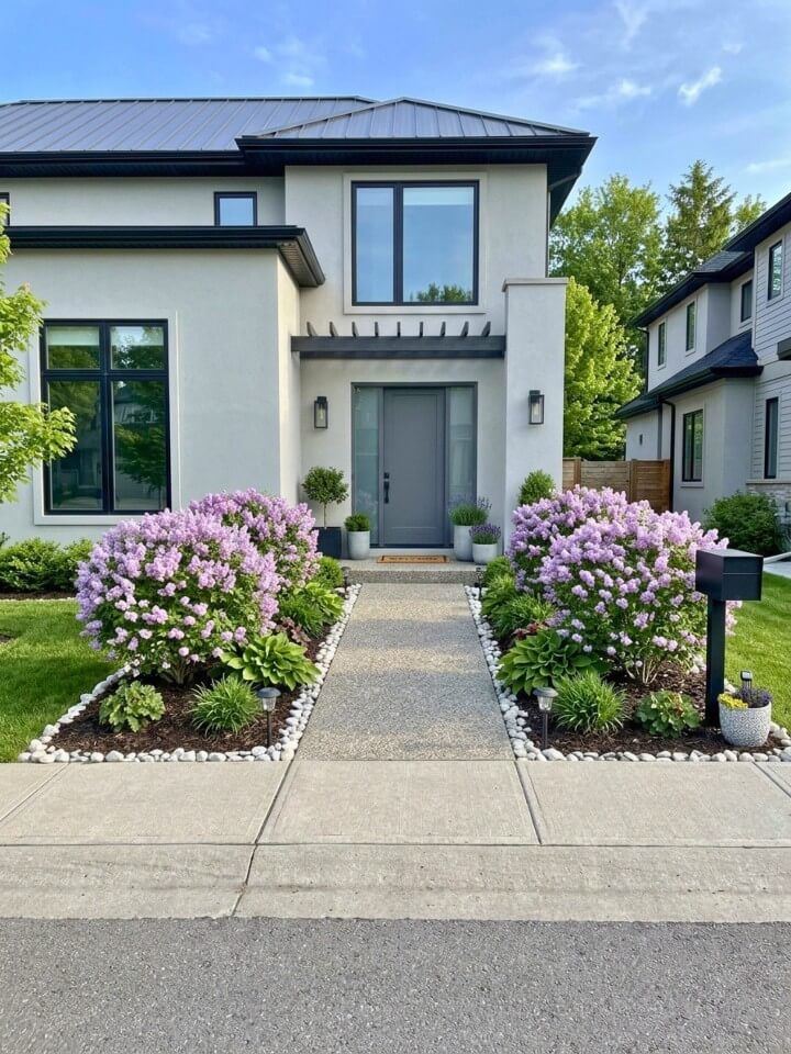 small front yard with dwarf flowering shrubs
