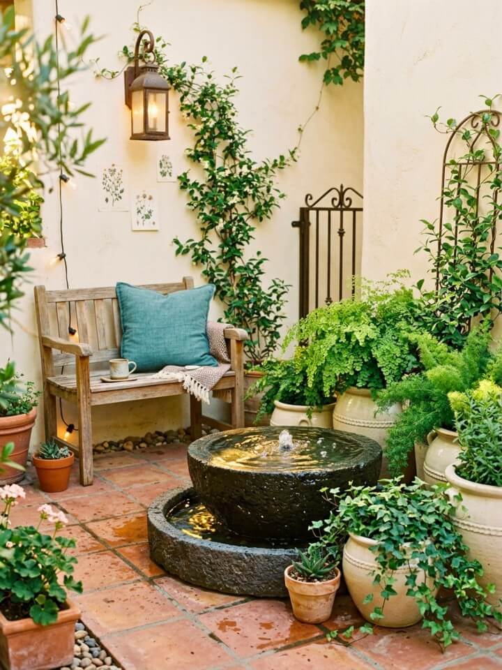 small patio fountain to add a soothing touch