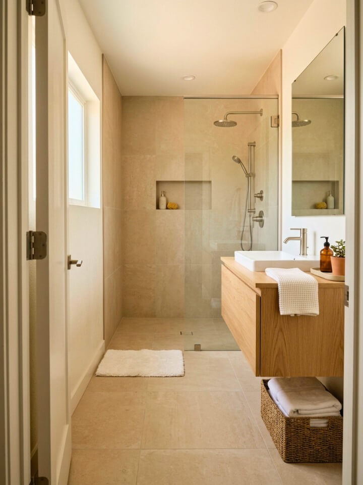 soft beige tile curbless shower idea