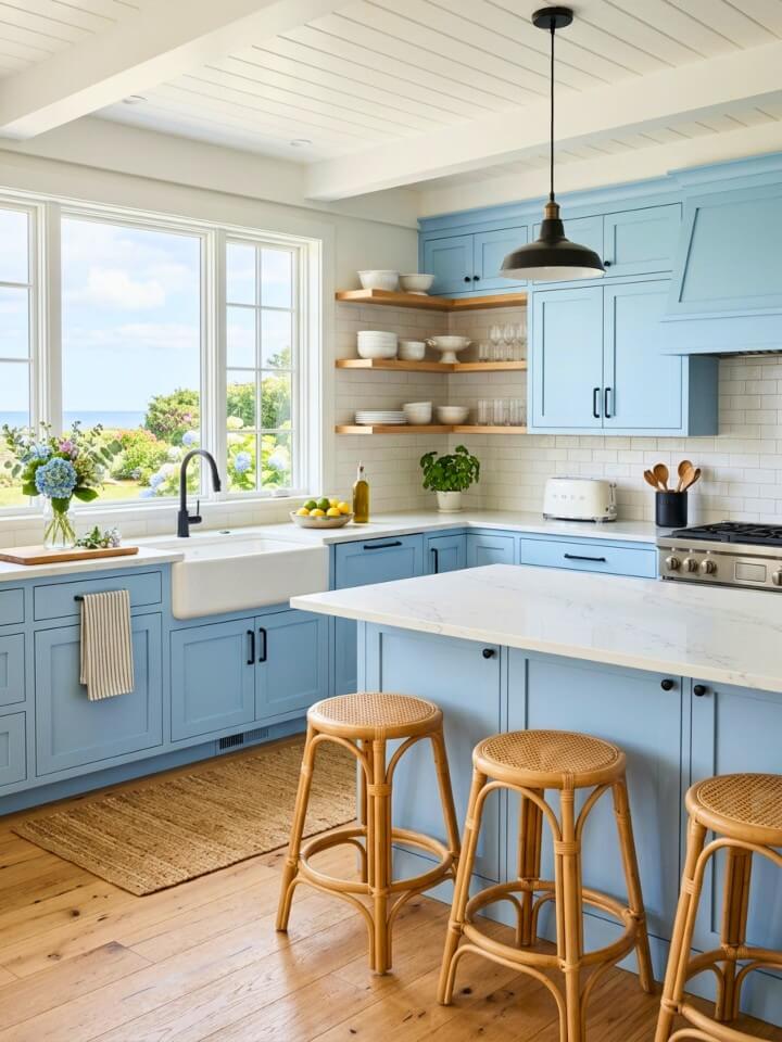 soft blue cabinets in a relaxed cape cod kitchen