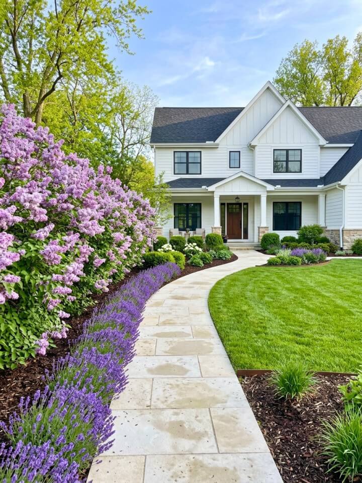 soft garden border with lilac bushes